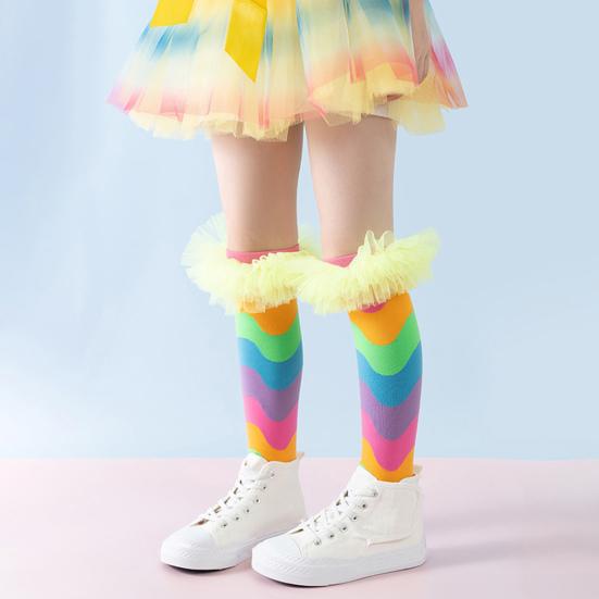 Детские радужные гольфы до колена, красочные гольфы до колена, забавные носки для сапог для девочек с тюлевой оборкой для маскарадных вечеринок, праздничных мероприятий