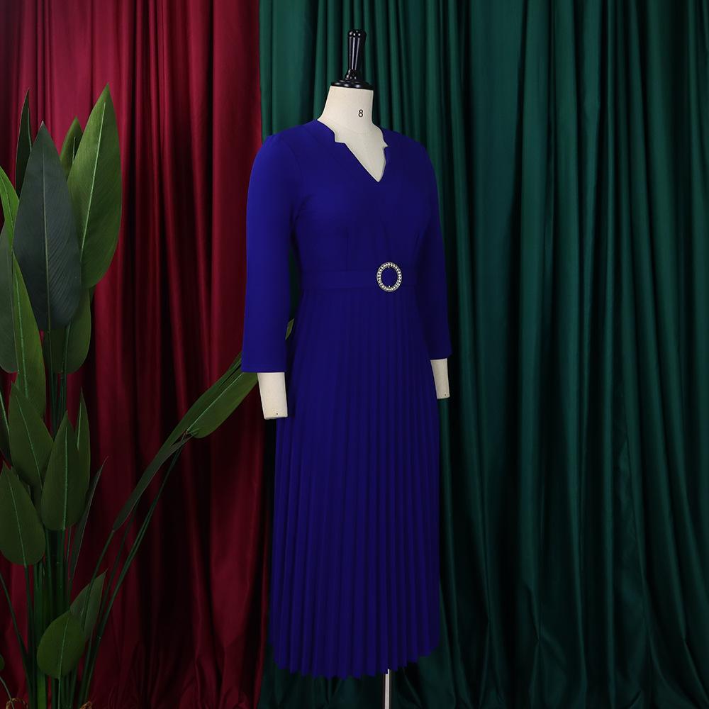 YYFS Women's Fashion Spring Fall Solid Color Print 3/4 Sleeves V-Neck High Waist Casual Dresses