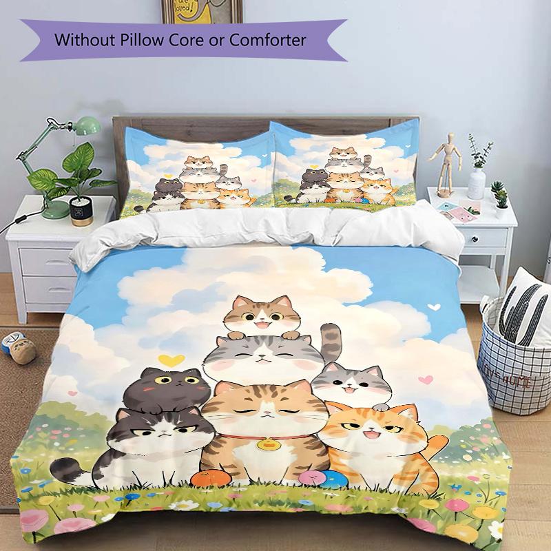 3pcs Seven Happy Cats Bedding Set, Including 1 Quilt Cover and 2 Pillow Shams, Without Filling, Soft and Comfortable Home Bedroom Fabric, Fa