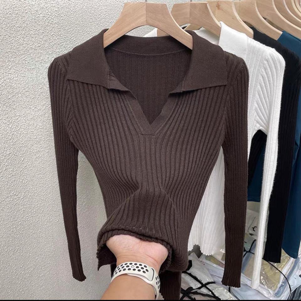 Autumn/winter Knitted T-shirt Women's Pullover Knit Sweater V-neck Polo Shirt Top Knitted Undershirt Women's Stretch Skinny Sweater Undershirt