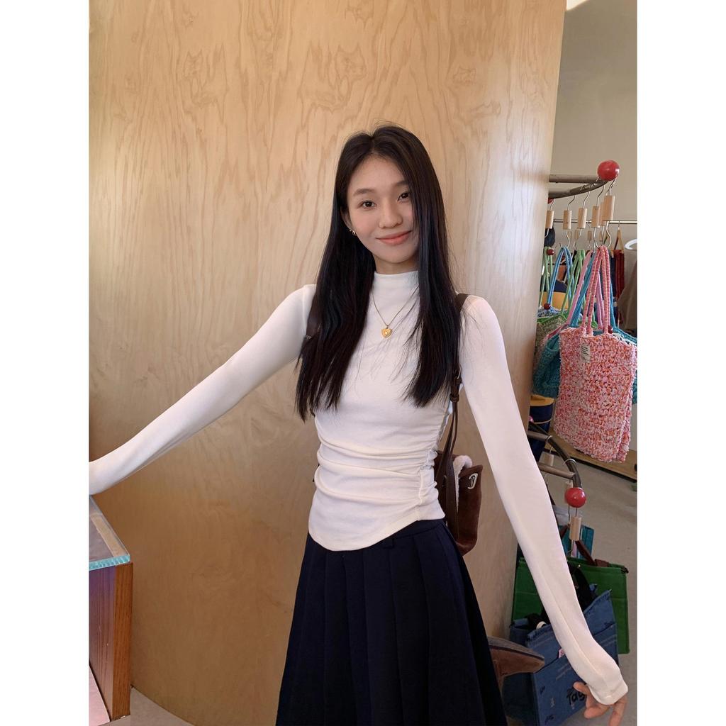 Женская облегающая бархатная плиссированная многослойная рубашка - воротник-стойка, длинный рукав, короткий стиль для осени/зимы