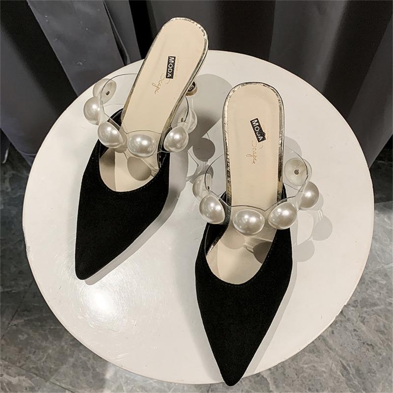 Модные женские тапочки Baotou, летние, новые, с острым носком, с неглубоким носком, замшевые, с жемчужным прозрачным ремешком, изящные, на высоком каблуке, сандалии