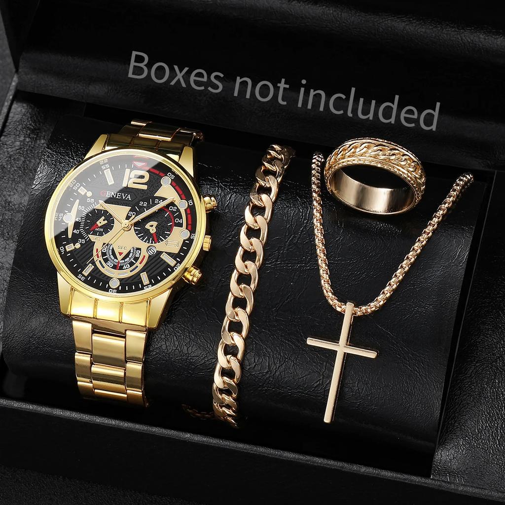 4PCS Trendy Hip-hop Men's Business Watch Bracelet Ring Set, Analog Mechanical Watch Quartz Watch Men's Clock (no Box)