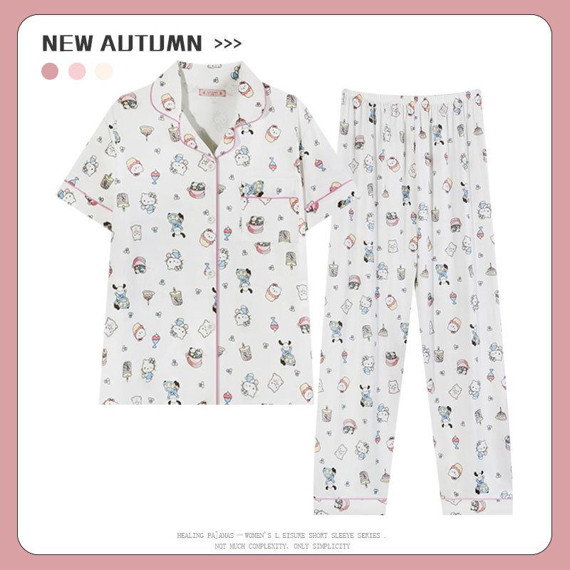 Japanese Kitty cat pajamas women's summer thin short-sleeved trousers loose plus size girl raw loungewear set