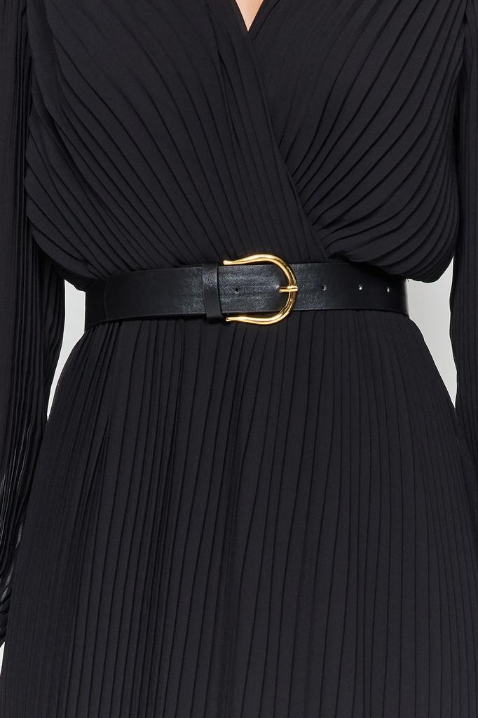 Женское стильное платье Черное шифоновое тканое платье трапециевидной формы с поясом и плиссировкой макси