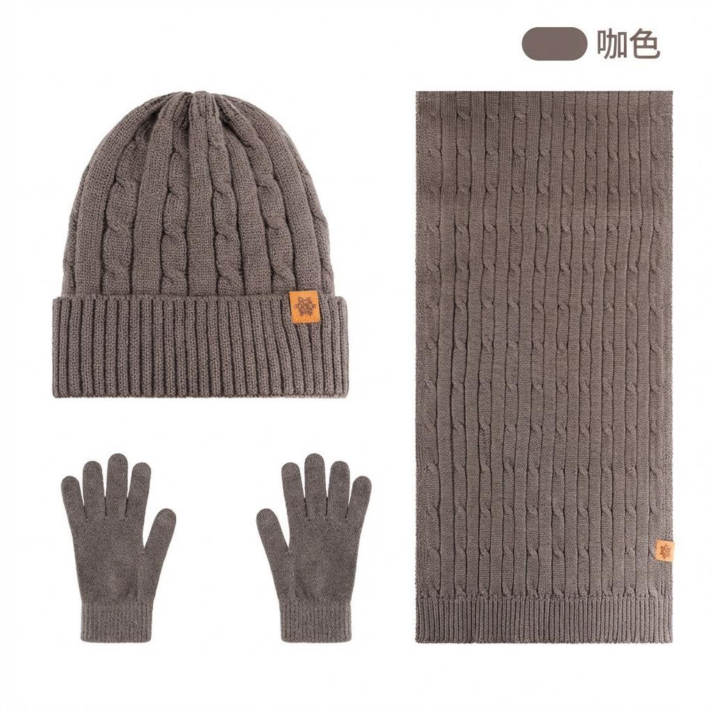 Knitted hat women's winter, double-layer velvet thickened warm wool hat scarf gloves three-piece set