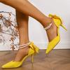 Модные женские туфли-лодочки на высоком каблуке желтого цвета с декором в виде бантика, жемчужным ремешком на щиколотке и каблуком-шпилькой, элегантные туфли-лодочки с острым носком для банкета и платья