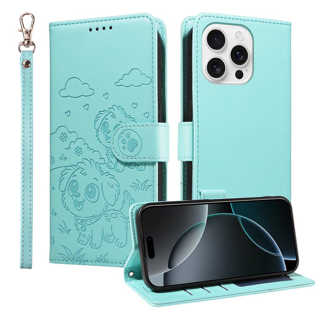 For iPhone 16 Pro Max Case RFID Blocking Imprinted Dog Pattern PU Leather Phone Cover with Wrist Strap