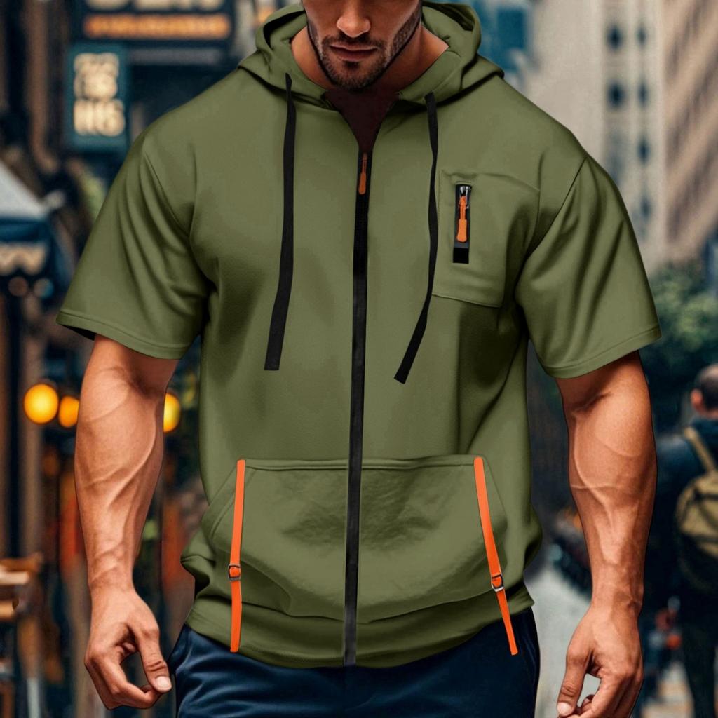 Men's Casual Short-sleeved Sweatshirt. Loose And Breathable Solid-color Sweatshirt Jacket With Multiple Pockets And A Zipper.