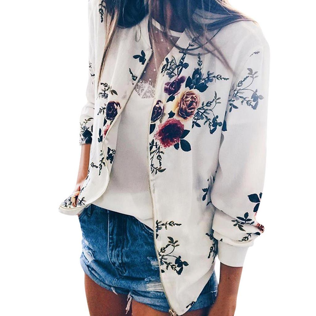 Womens Ladies Retro Floral Zipper Up Jacket Casual Coat Outwear