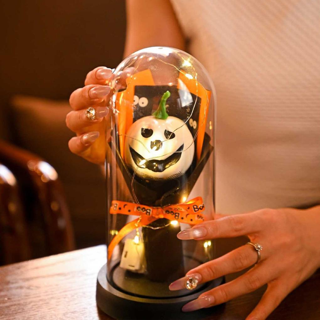 2025 New Halloween Lights LED Glass Dome with Artificial Plants Light-up Pumpkin Cloche for Home Kitchen Mantel Party Decor