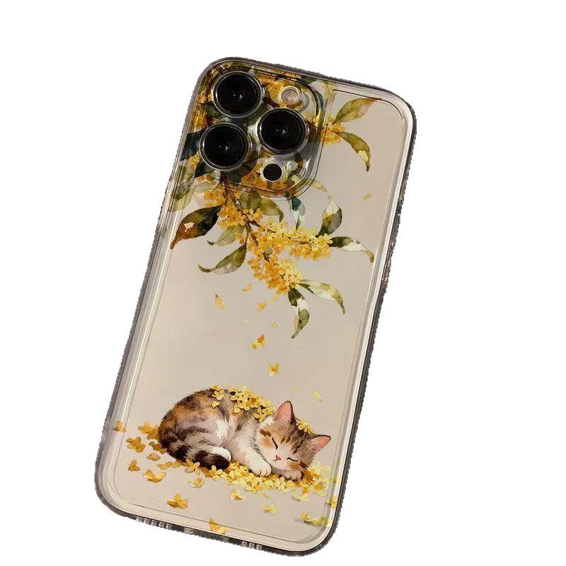 Чехол для iPhone с османтусом и кошкой: Совместимо с iPhone 13, 14, 15 Pro, 16 Pro Max. Защита от падений, Полное покрытие.