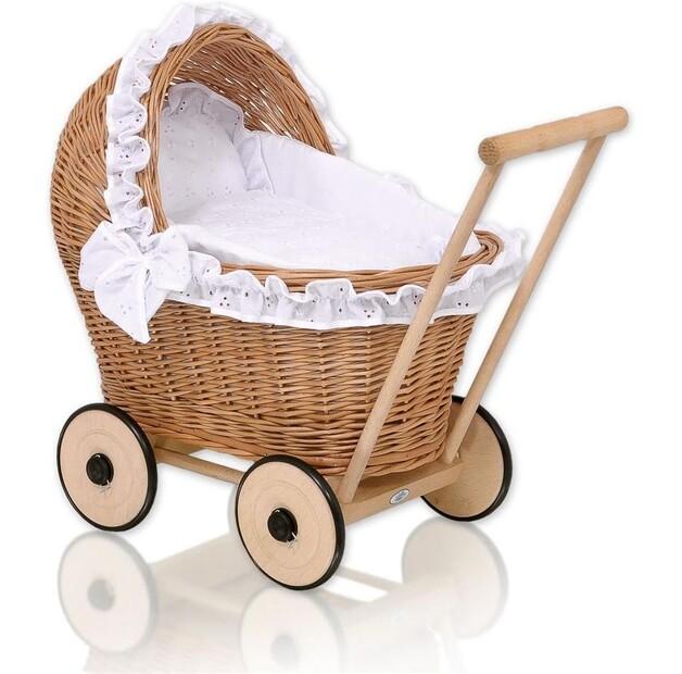 Коляска для кукол Sweet Baby Плетеная с белой постелью и мягкой выстилкой Натуральный