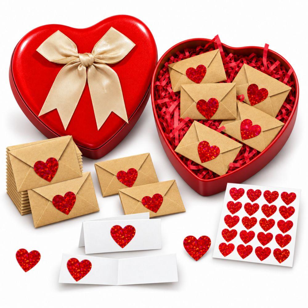 60Pcs Heart Stickers Love Letters Envelope Set Blank Mini Cards Love Notes Kit Valentine's Day