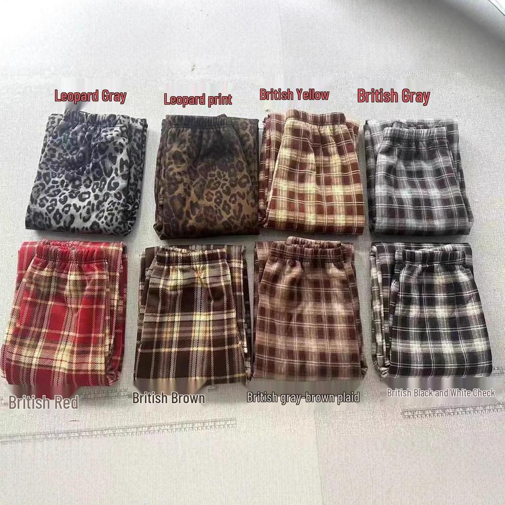 Women's High-Waisted Fleece-Lined Wool Plaid Wide-Leg Pants