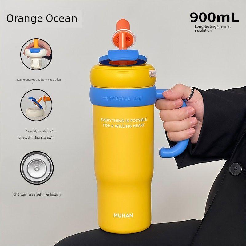 Cute Giant Large-Capacity Thermos Cup with Handle for Car Use, Ice-Retaining Cup with High Aesthetic Value and Straw