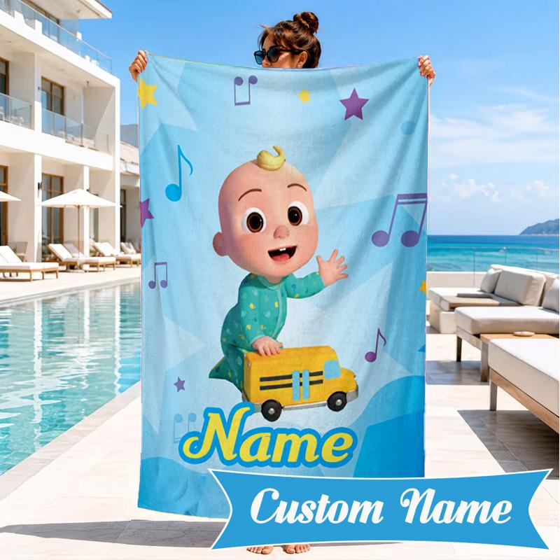 Custom Name Coco-melon Happy Journey Beach Towel Microfiber Beach Towel, Lightweight and Quick-Dry, for Summer Travel, Swimming Pool Gift