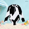 Girls High Neck Long Sleeve Front Zip One Piece Swimsuit Black White Geometric Printed