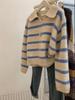 Women's Retro Blue Striped Long Sleeve Polo Sweater
