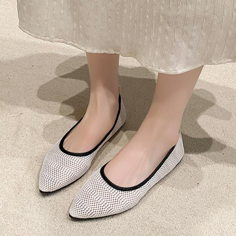 Женские туфли на плоской подошве с острым носком, однотонные вязаные туфли без шнуровки, повседневные дышащие балетки на плоской подошве, женские туфли на плоской подошве, женские лоферы