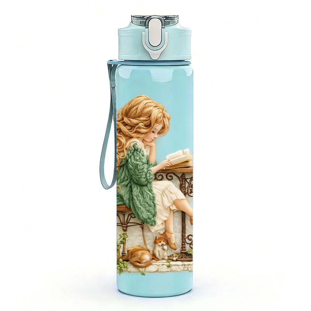 1PC Little Girl Sit Under Tree Scene Print 750ml Color Plastic Sports Water Bottle Leakproof Flip Straw Lid Suitable for Sports Office Home Use