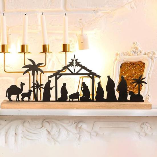 Рождественский вертеп, силуэт, настольная табличка с деревянной основой, черный металл, рождение Иисуса, украшение для рабочего стола для дома и офиса, рождественское украшение для вечеринки