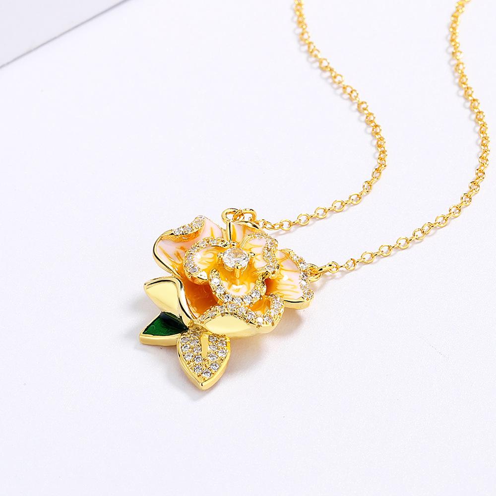Elegant European Flower Necklace Camellia Green Leaf Enamel Pendant