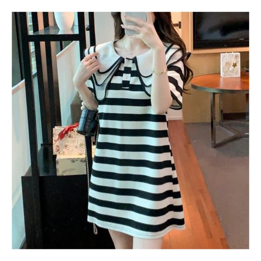 Navava Women Lovely Stripe Big Collar Short Sleeve Mini Dress No302