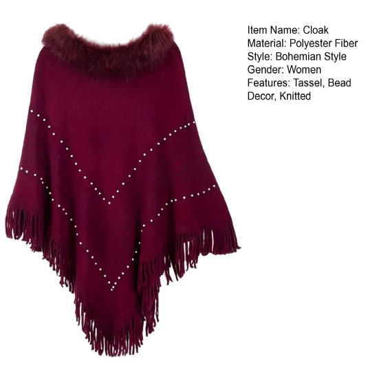 Женский плащ осень-зима с кисточками и бусинами, декор из искусственного меха, треугольной формы, однотонный, сохраняющий тепло, эластичный, пончо, болеро, в стиле бохо, с косами