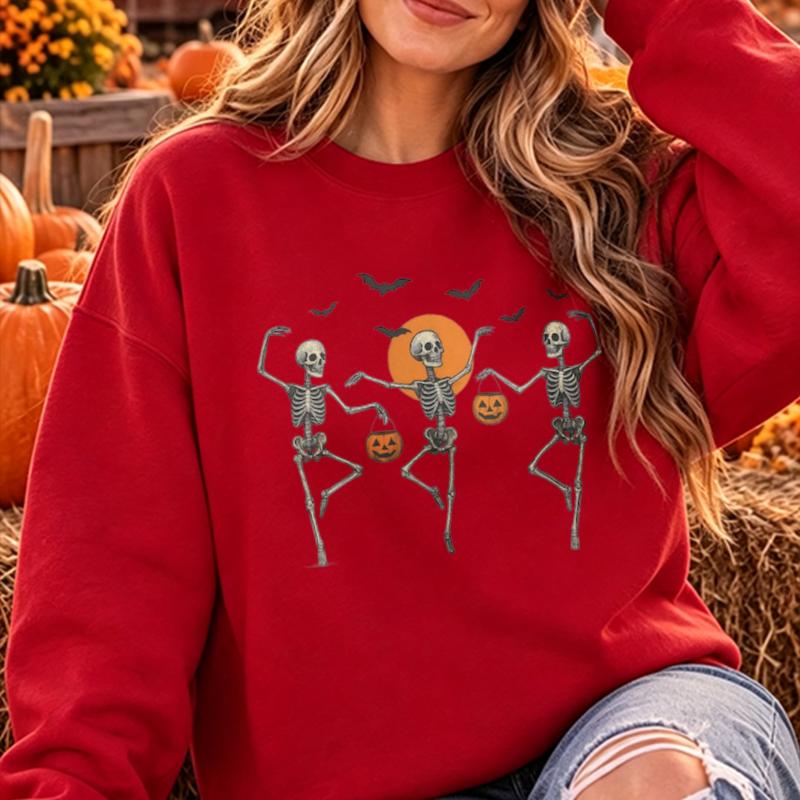 Halloween Sweatshirt Fall Long Sleeve Party Family Matching Dancing Skeletons Pumpkin Bats Orange Moon Spooky Autumn Crewneck