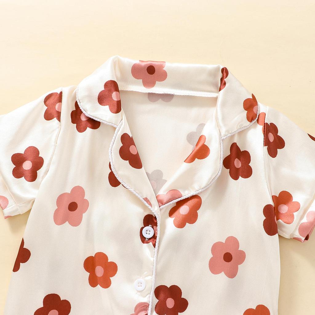 Kids Girls Pajamas Set, Flower Print Short Sleeve Turn-down Collar Tops with Elastic Waist Shorts Sleepwear