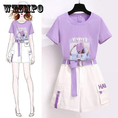 Комплект шорт, женские летние футболки с короткими рукавами с принтом, джинсовые шорты с высокой талией, комплект из двух предметов, наряды для девочек