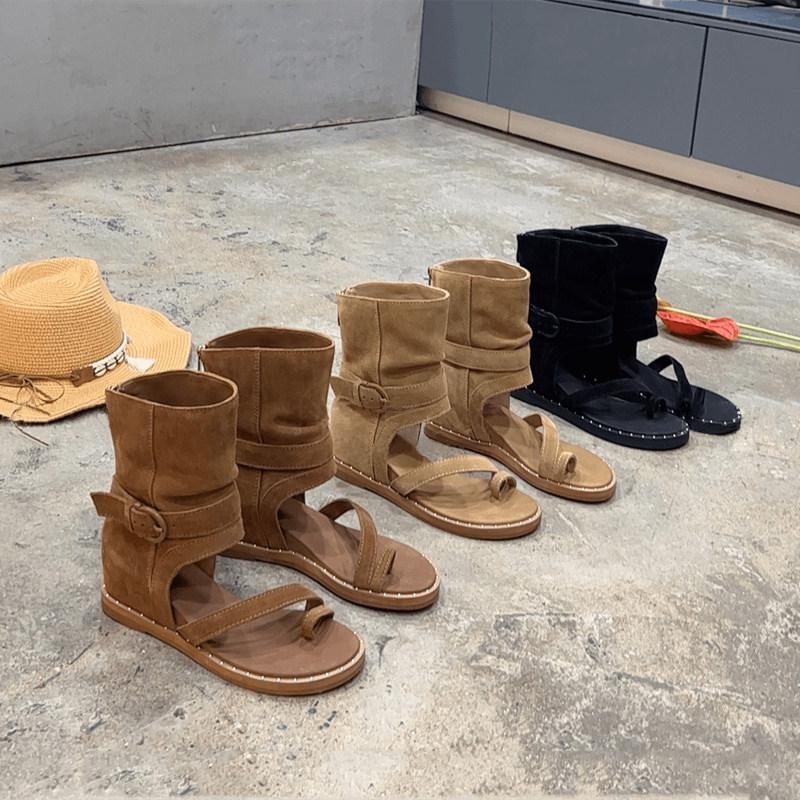 Bohemian new summer toe leather high-top Roman sandals women's inner toe heightening short cool boots