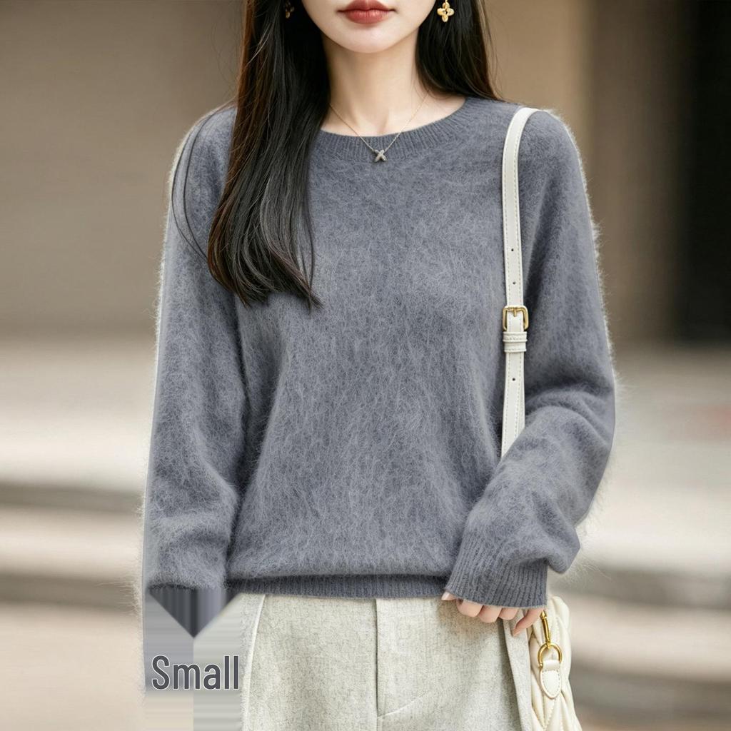 Women's Seamless Plush Knit Wool Sweater, Round Neck, Loose Fit, Long Sleeve - 2026 Autumn/Winter Collection