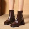 Зимние Новые Хлопковые Ботинки на Толстом Каблуке Женская Мода Квадратный Носок Толстая Подошва Задняя Молния Противоскользящие Износостойкие Короткие Ботинки