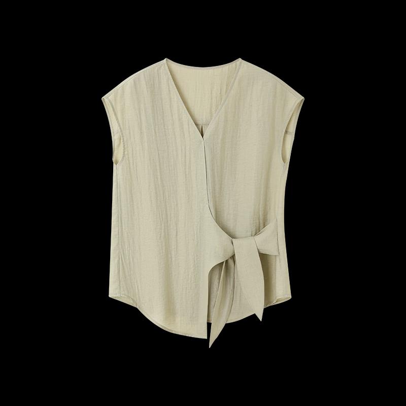 Linen Blend V-Neck Tie-Waist Cap Sleeve Blouse