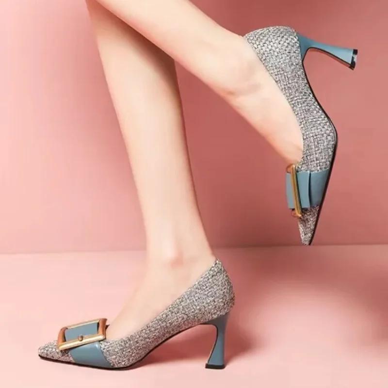 Women Fashion Sweet High Quality Golden Spring Slip On Stiletto Heels Lady Casual Black Summer Comfort Heel Shoes Zapatos