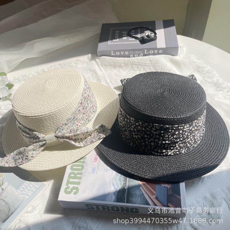 French flat hat straw hat women's summer seaside play beach hat top hat floral with sun protection hat