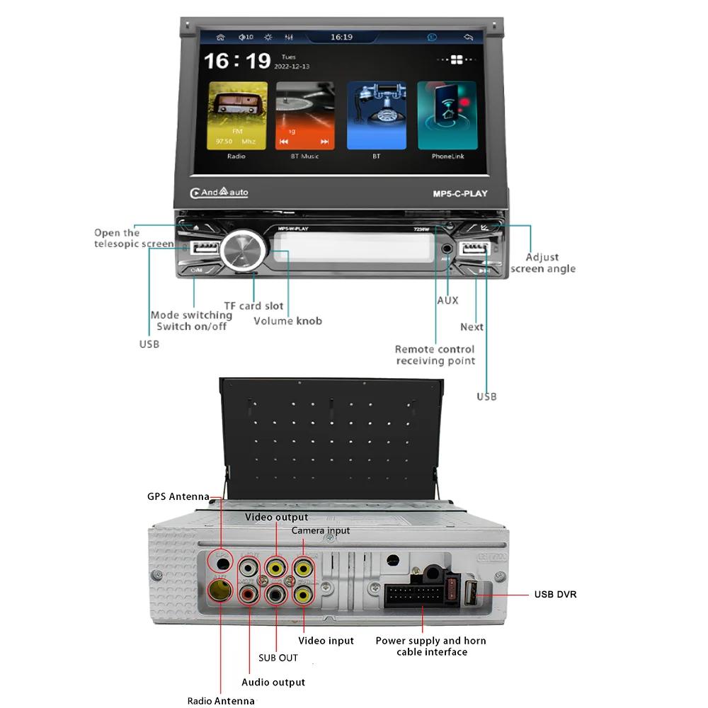 1 Din стерео 7 дюймов выдвижной экран Carplay Android Auto Мультимедиа Видео MP5 Плеер BT FM USB Android Головное устройство