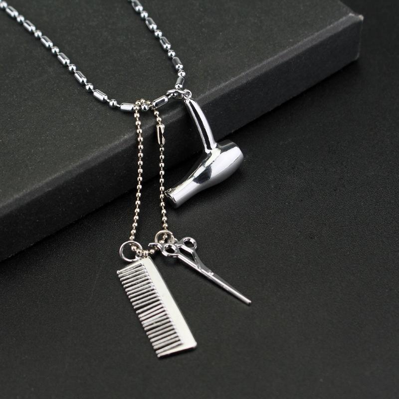 Women Fashion New Personality Scissors and Comb Hair Dryer Pendant Hairstylist Necklace