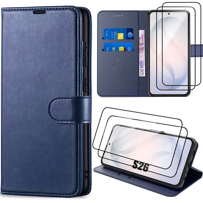 Coque pour Samsung Galaxy S26, Protection Rabat Cuir Synthétique Bleu Marine - 2 Verres Trempés