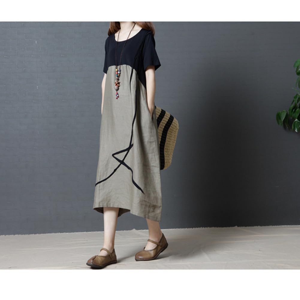 Short Round Long Plus [SDSXZWG] Women's Cotton-Linen Dress, Sleeve, Lightweight, Neck, Dress, Flattering, Slimming, Sizes, Summer/Autumn (JP,