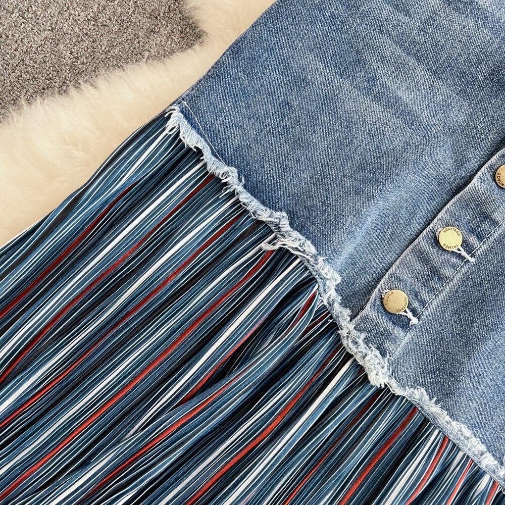 Design Sense Draped and Versatile Chiffon Pleated Stitched Denim Skirt In Spring, Thin and Irregular Medium Length A-line Skirt