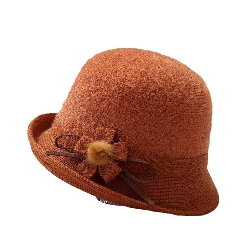 Autumn and winter retro and elegant outdoor knitted warm upturned brim basin hat versatile British Hepburn style flower dome bucket hat