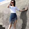 Fringed Denim Skirt Hakama Bag Buttocks Spring and Summer Korean Version Fake Two-piece Lined Shorts