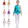 Girls Sparkly Sequins Dance Leotard Feather Tulle Skirted Design Asymmetrical Shoulder Long Sleeve Mock Neck Bodysuit