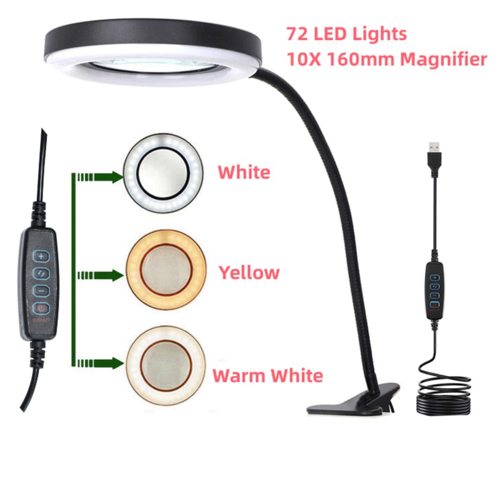 10X Magnifying Glass with 72 LED Light Magnifying Lamp Clip On Illuminated Magnifier Selfie Ring Light with Phone Holder Metal
