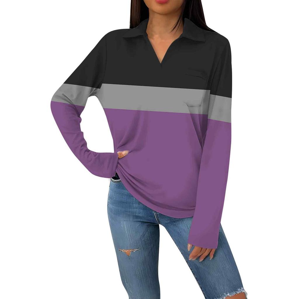 Женская модная повседневная футболка с длинным рукавом и V-образным вырезом в полоску с принтом и лацканами