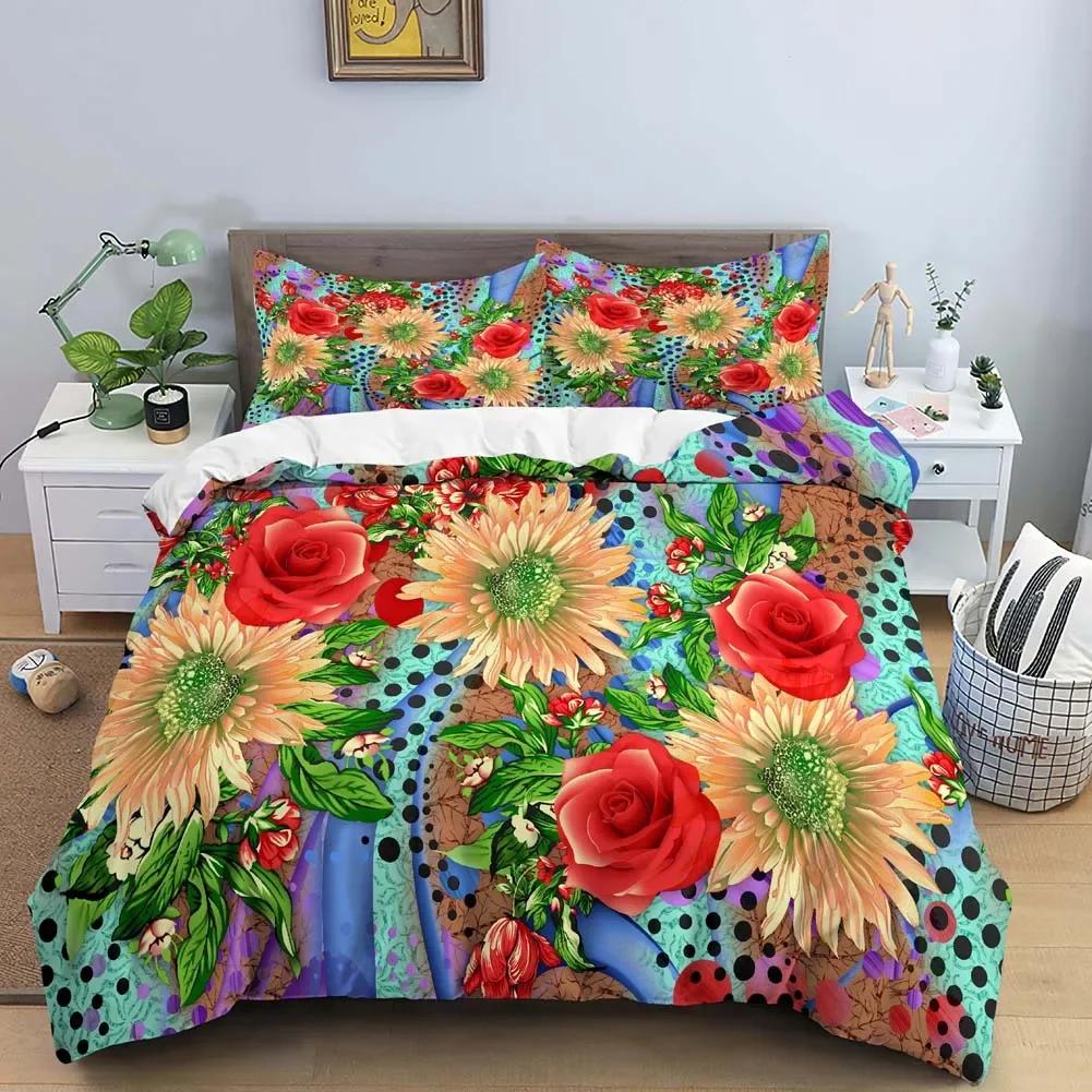 Винтажный цветочный пододеяльник King Queen с изображением пиона и подсолнуха, комплект постельного белья с тропическим цветочным принтом, покрывало из полиэстера в стиле бохо