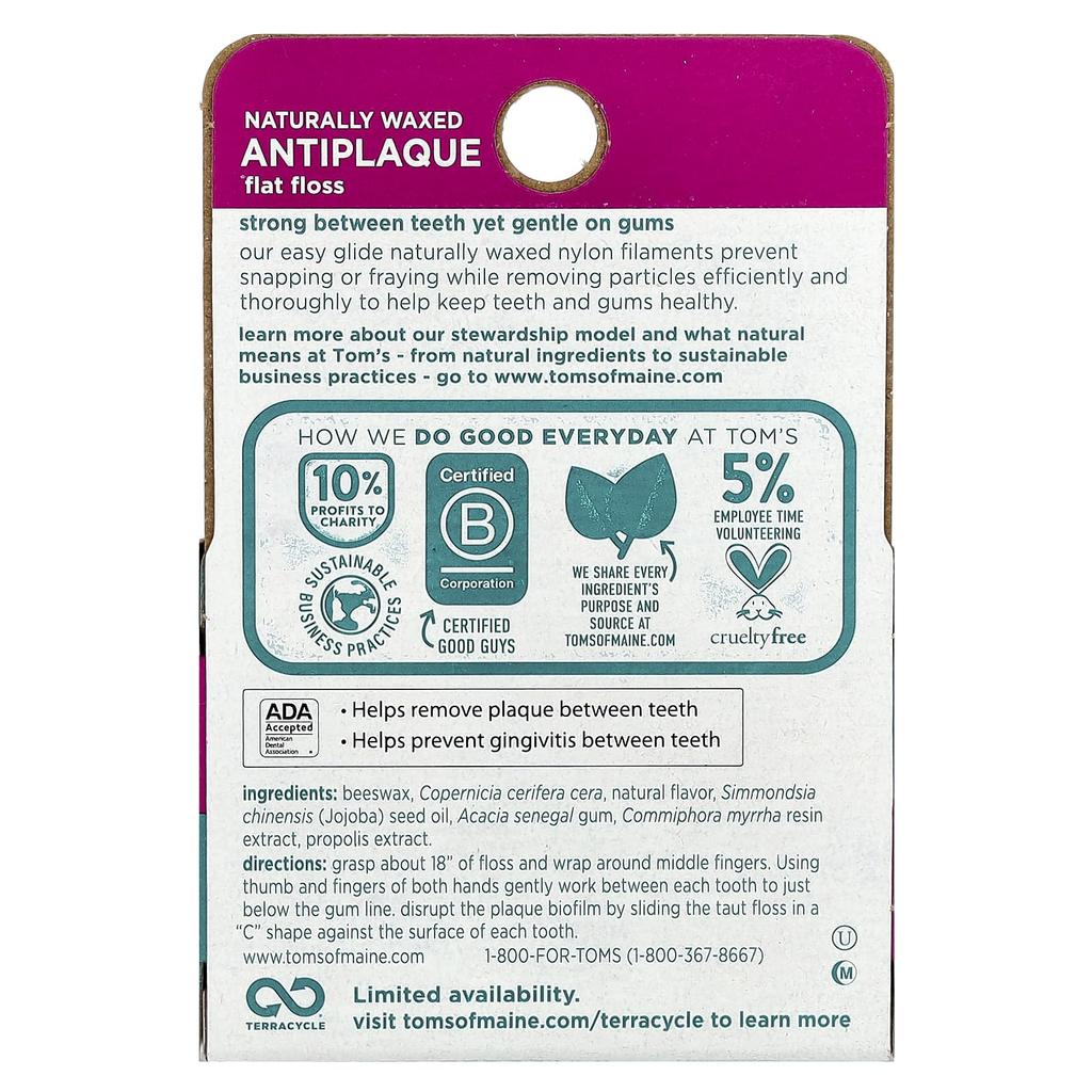 Tom's of Maine Натуральная вощеная плоская нить против зубного налета, мята, 29 м(32Ярд)